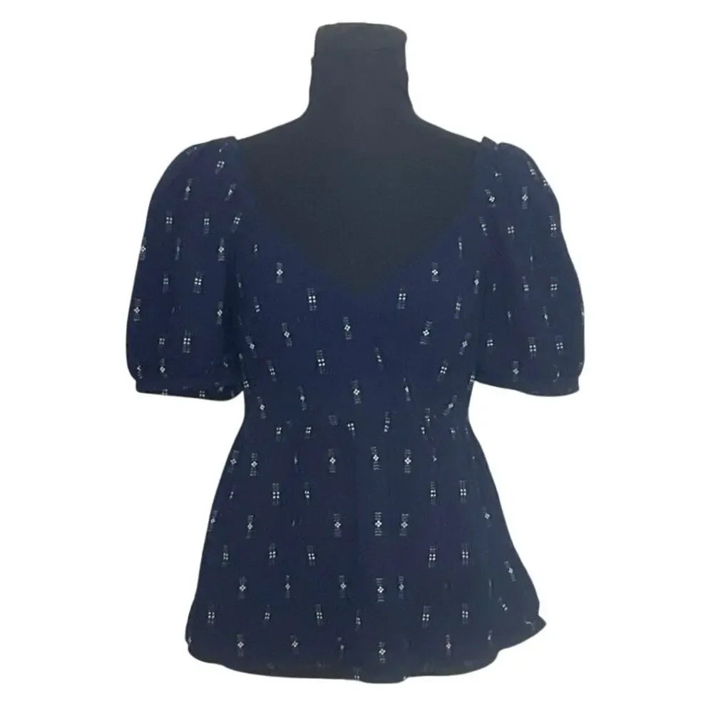 Madewell Navy Embroidered Puff Sleeve Peplum Top Small 100% Cotton